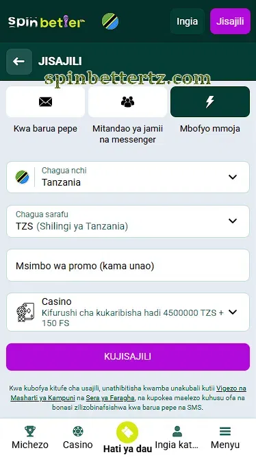 Usajili wa haraka kwa mbofyo mmoja katika SpinBetter Tanzania