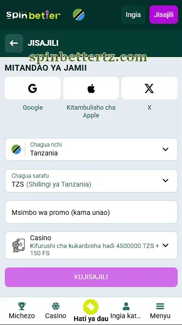 Usajili kupitia mitandao ya kijamii katika SpinBetter Tanzania