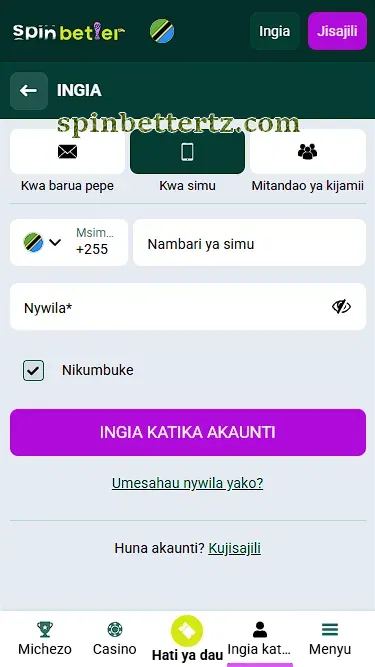 Kuingia SpinBetter Tanzania kwa kutumia nambari ya simu