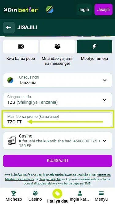Msimbo wa promo wa SpinBetter Tanzania wakati wa usajili