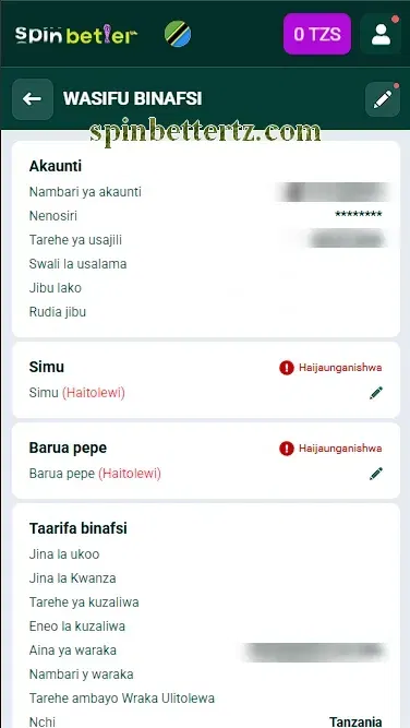 Ukurasa wa uthibitishaji wa akaunti ya SpinBetter Tanzania